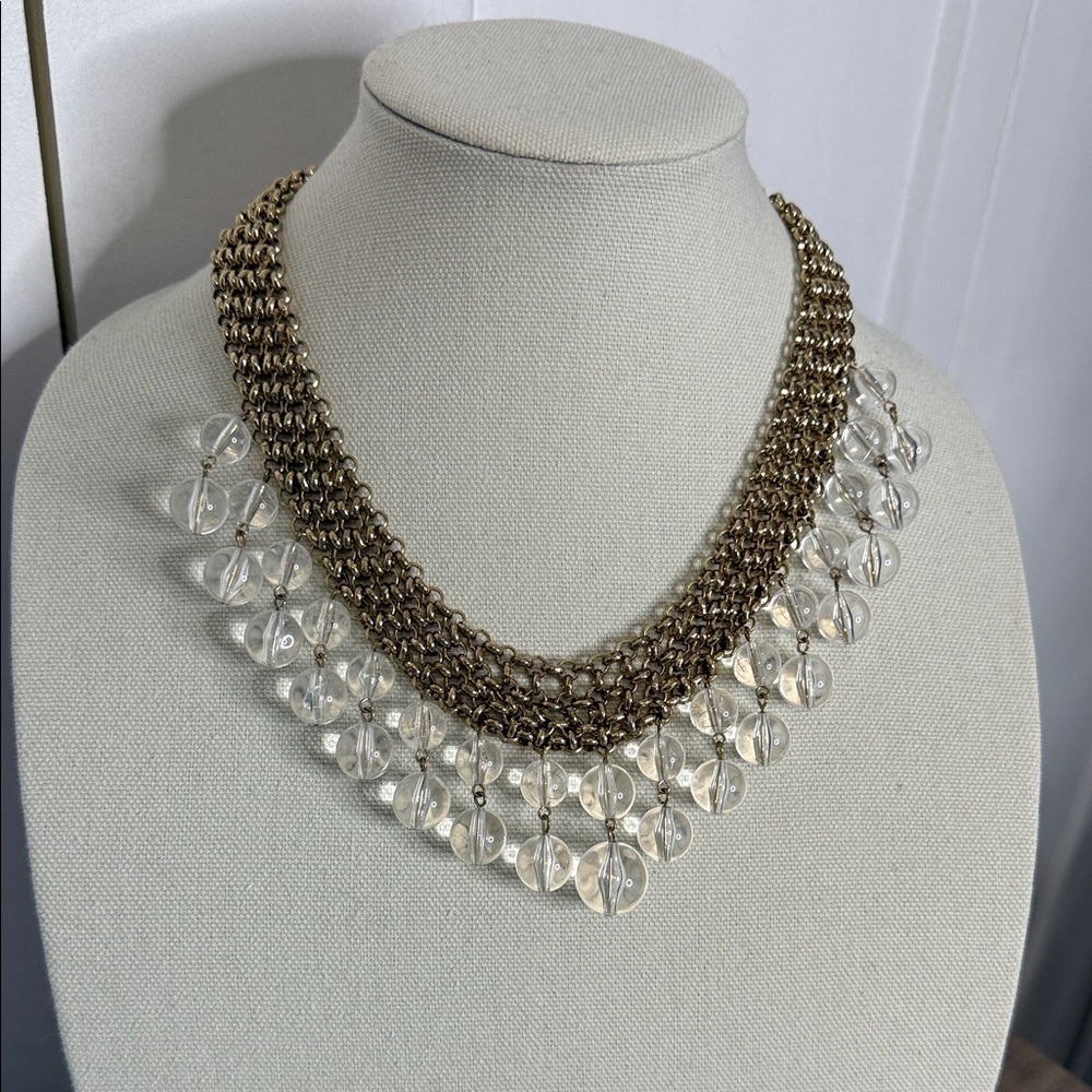 Gold Tone Clear Beaded Statement Necklace